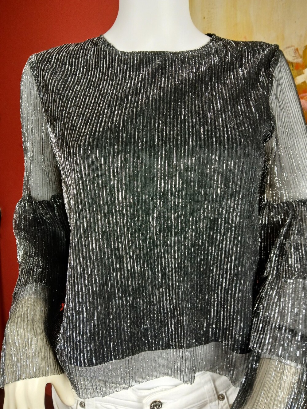 Womens Shimmery Black Long-Sleeve Pleated Blouse